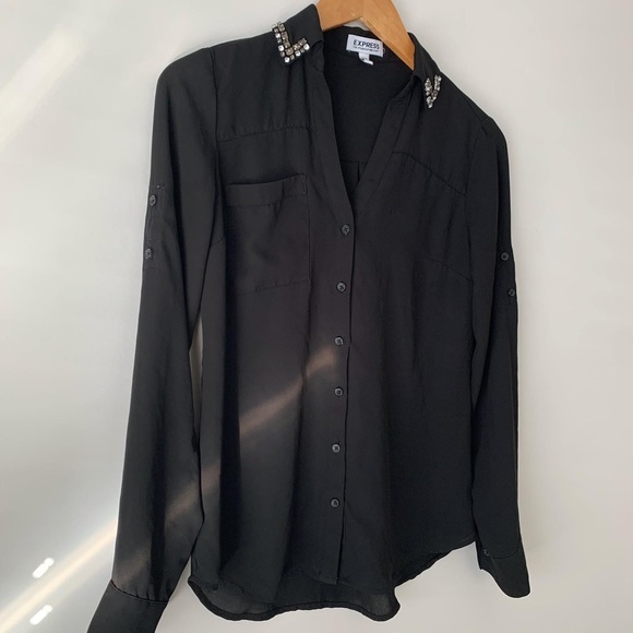 💛4/$20 | EXPRESS Portofino Studded Collar Long Sleeve Pocket Chiffon Shirt - Picture 3 of 6